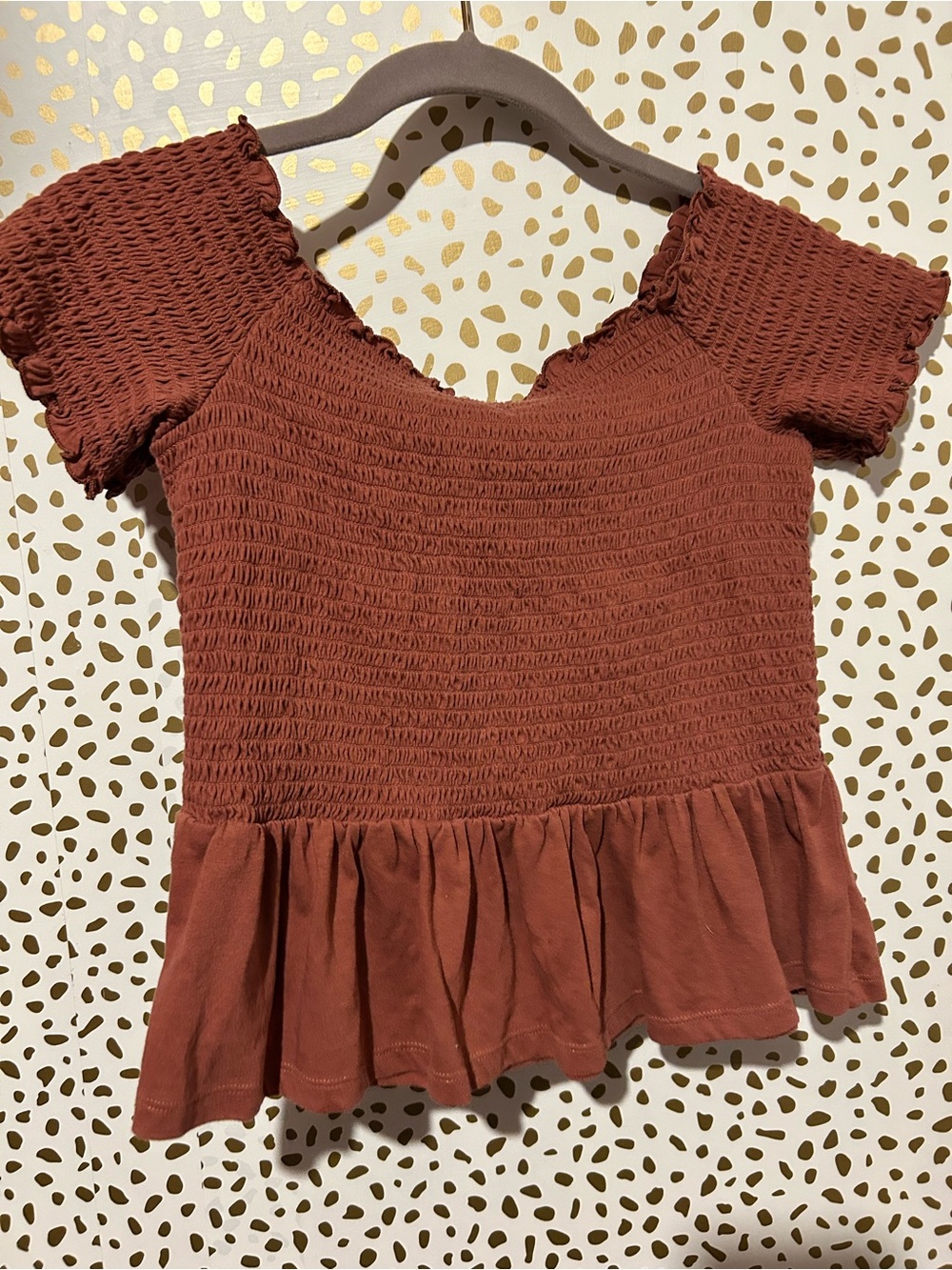American Eagle Smocked Short Sleeve Peplum Top - Rust - Picture 3 of 3